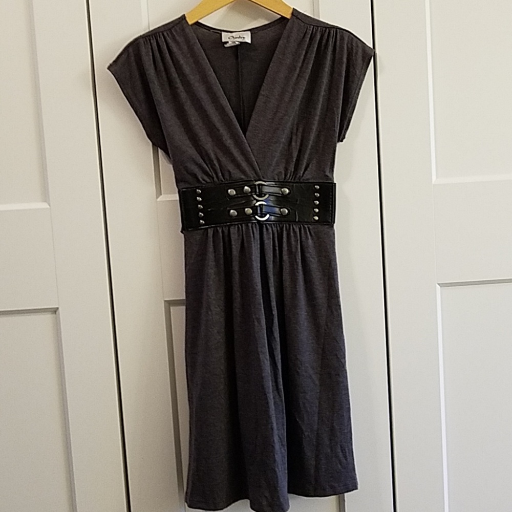 Knit dress with faux leather belt detail